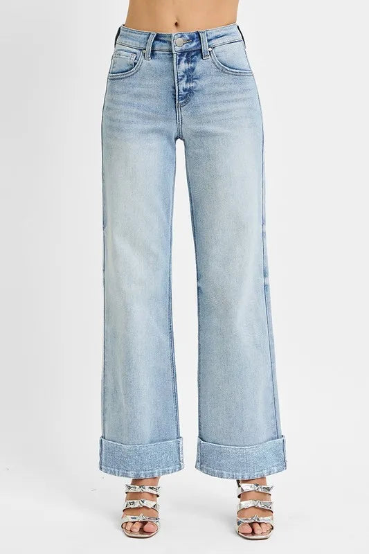 RISEN Full Size Tummy Control High Rise Ankle Wide Cuffed Jeans Plus Size - cas7m