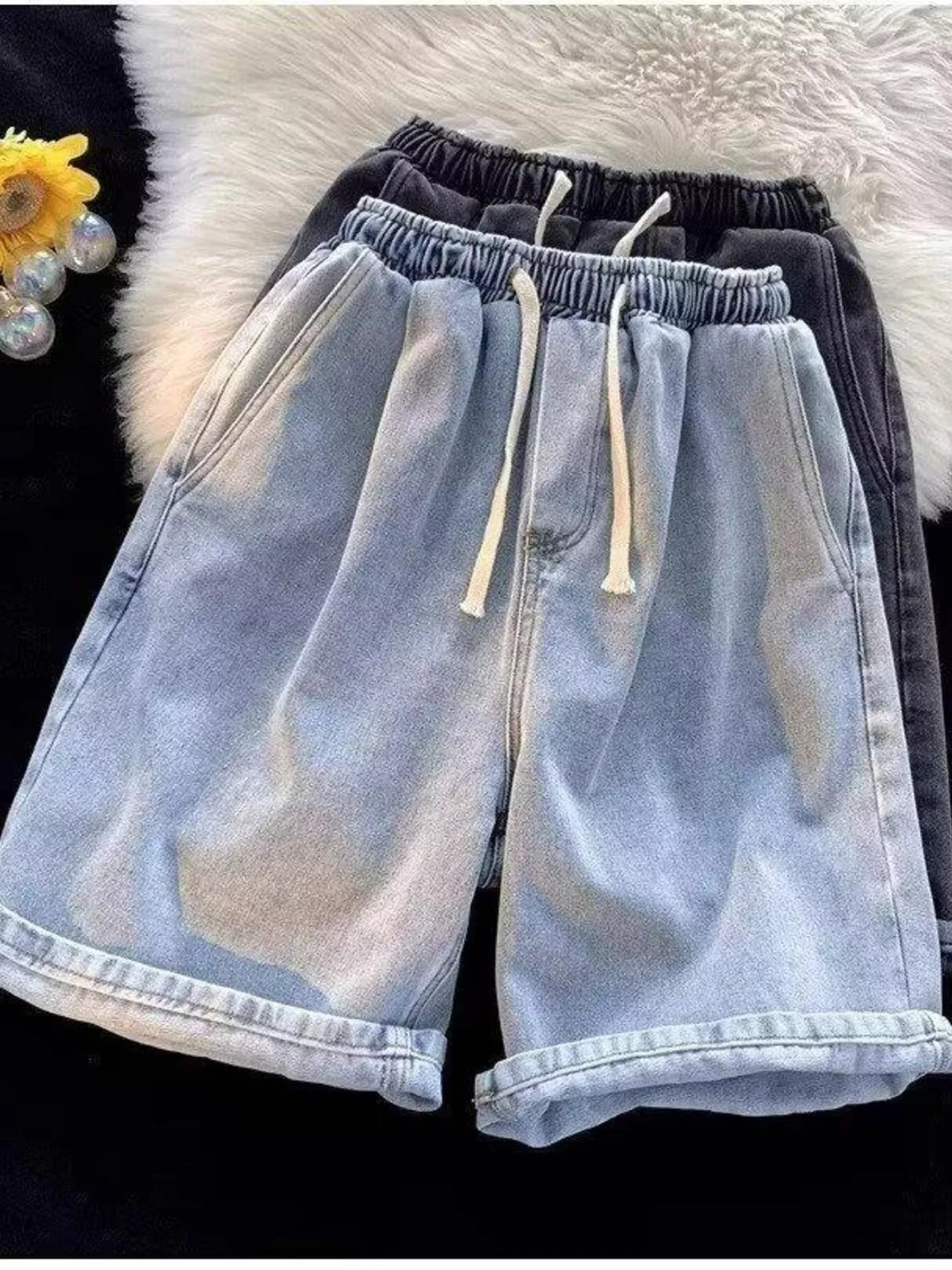 Men's Full Size Elastic Waist Washed Denim Shorts Plus Size - cas7m