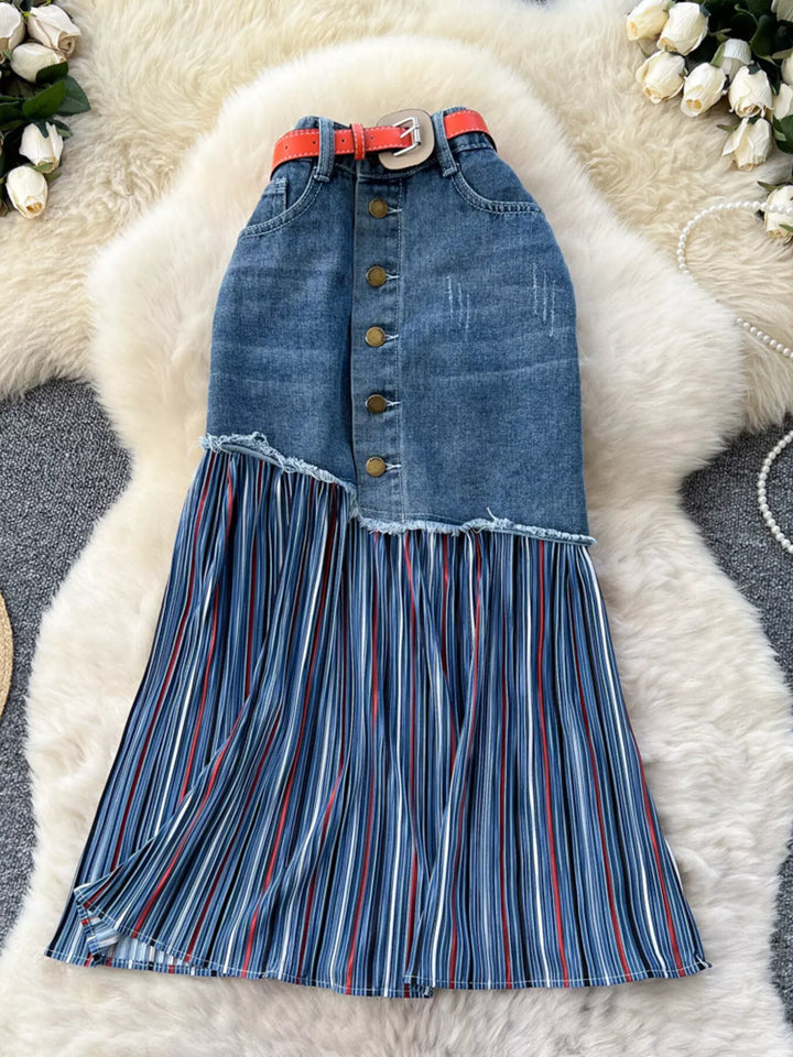 Full Size Striped Patchwork Denim Skirt Plus Size - cas7m