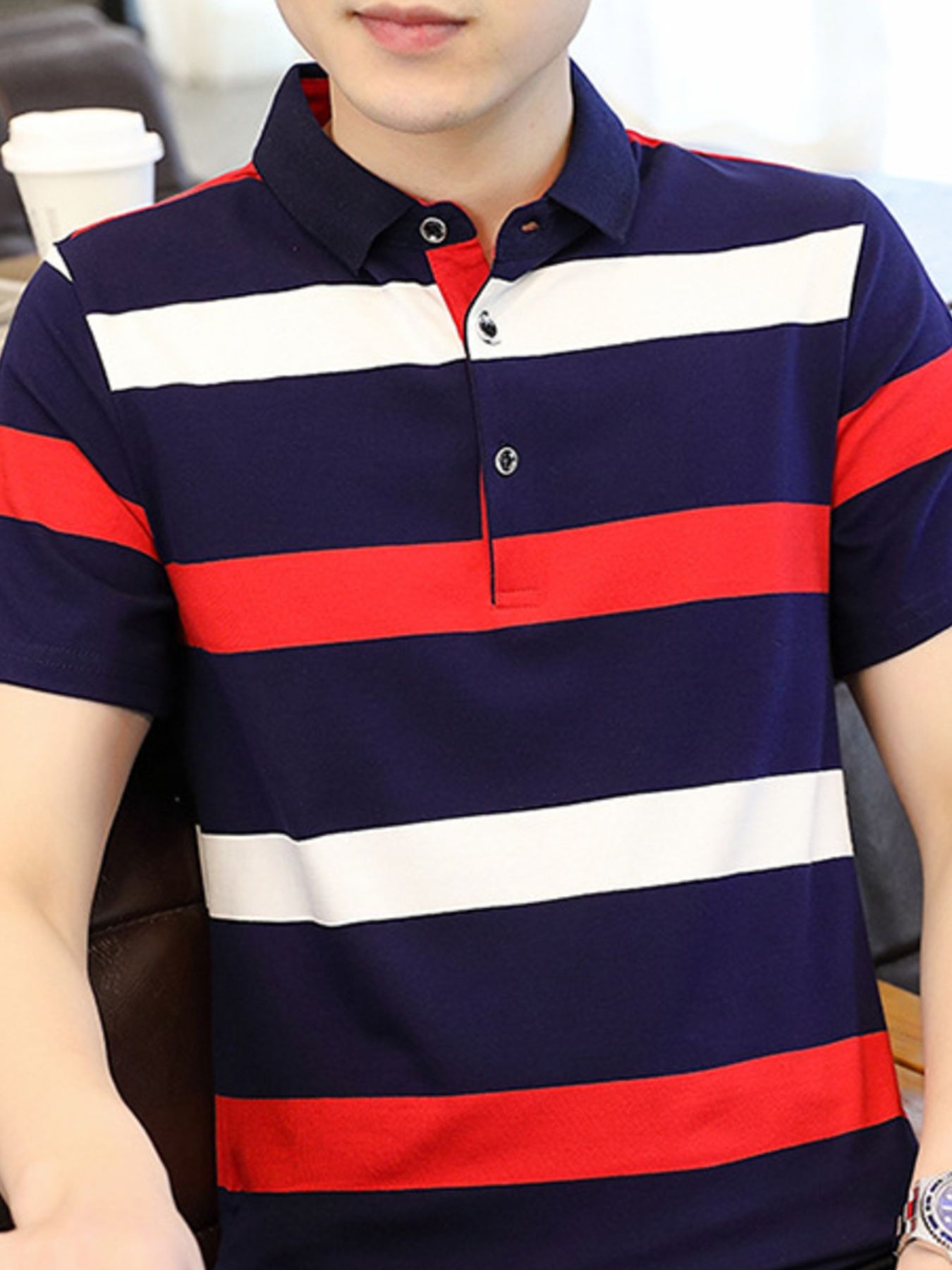 Men's Plus Size Striped Slim Fit Polo Shirt - cas7m