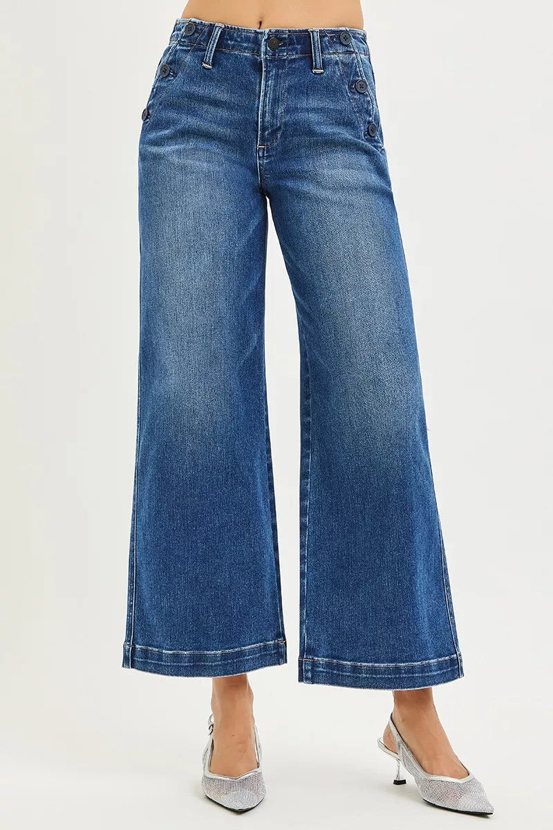RISEN High Rise Wide Leg Jeans With Pocket Button Detail - cas7m