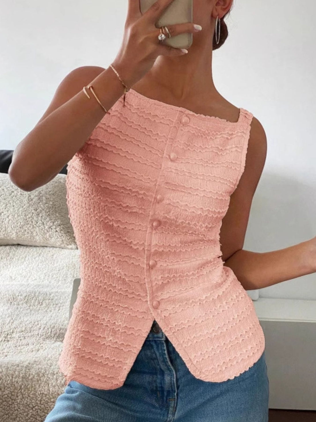 Textured Button-Front Tank - cas7m