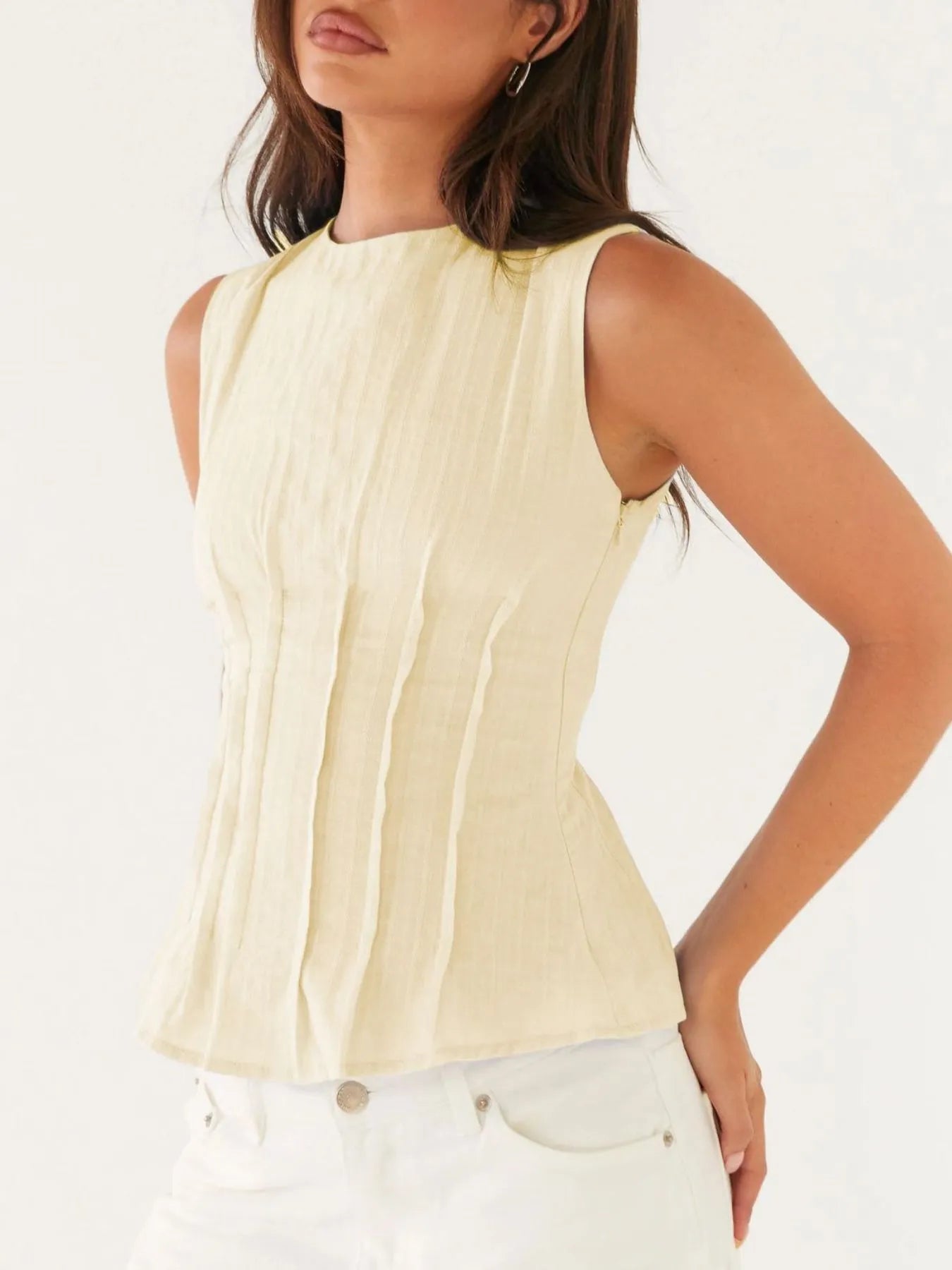 Back Lace Up Sleeveless Top with Cinched Waist Design - cas7m