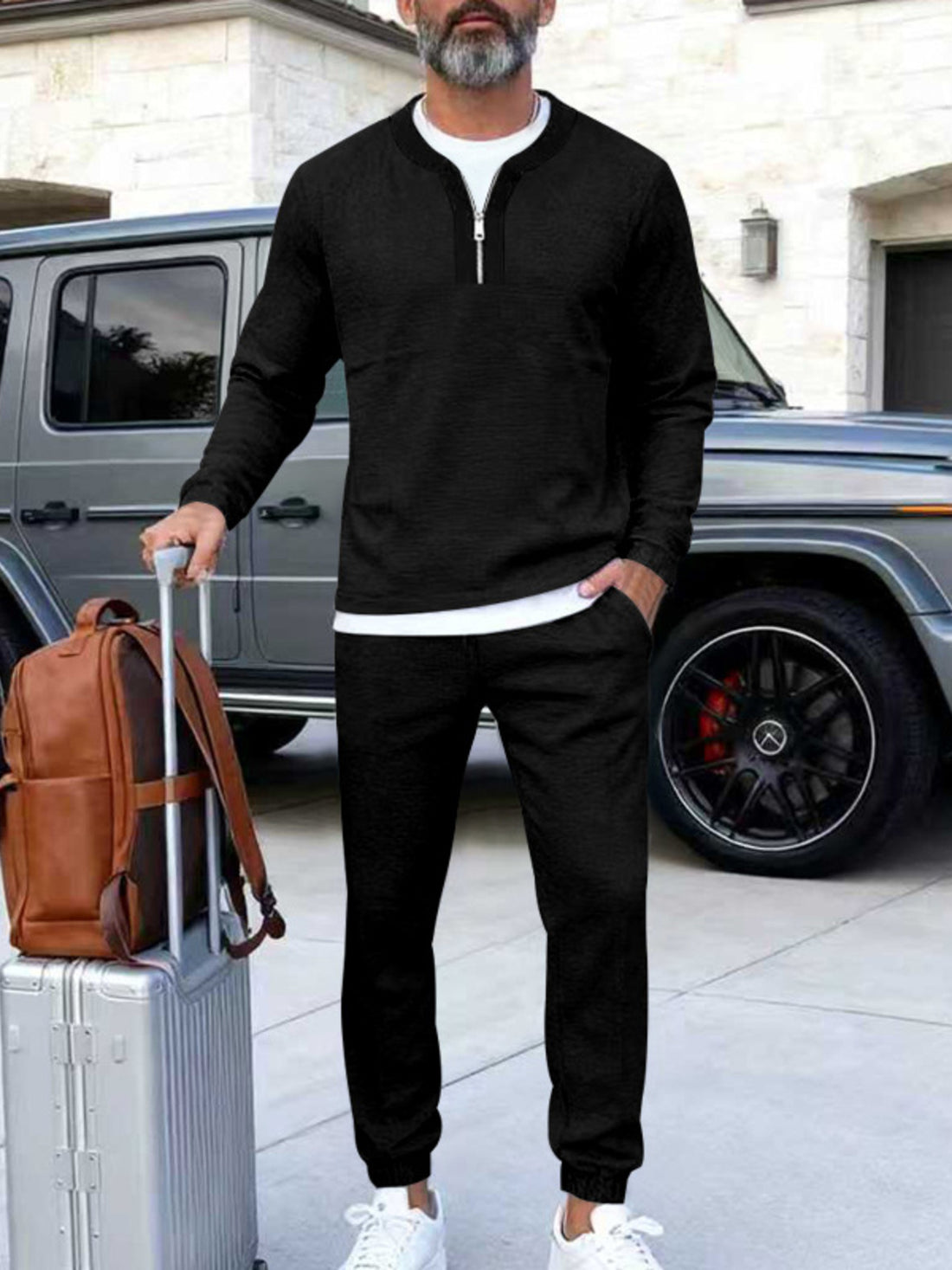 Men's Plus Size Casual Zipper Neck Long Sleeve Top and Pants Set - cas7m