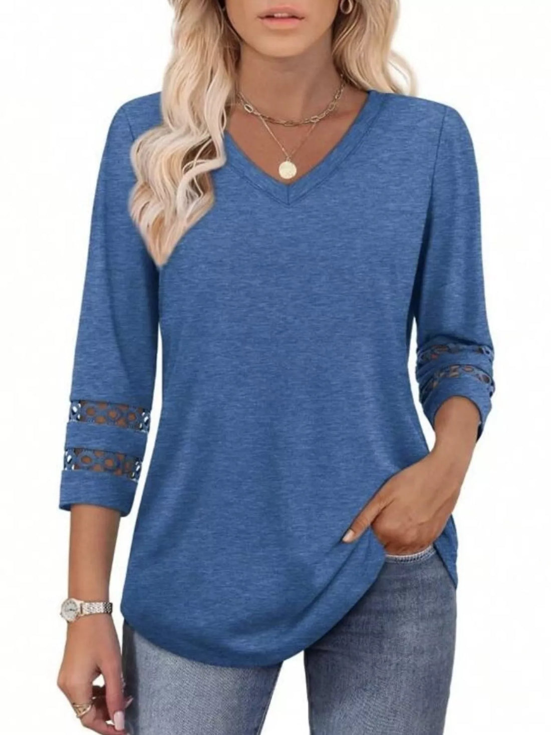 Full Size V-Neck 3/4 Sleeve T-Shirt Plus Size - cas7m