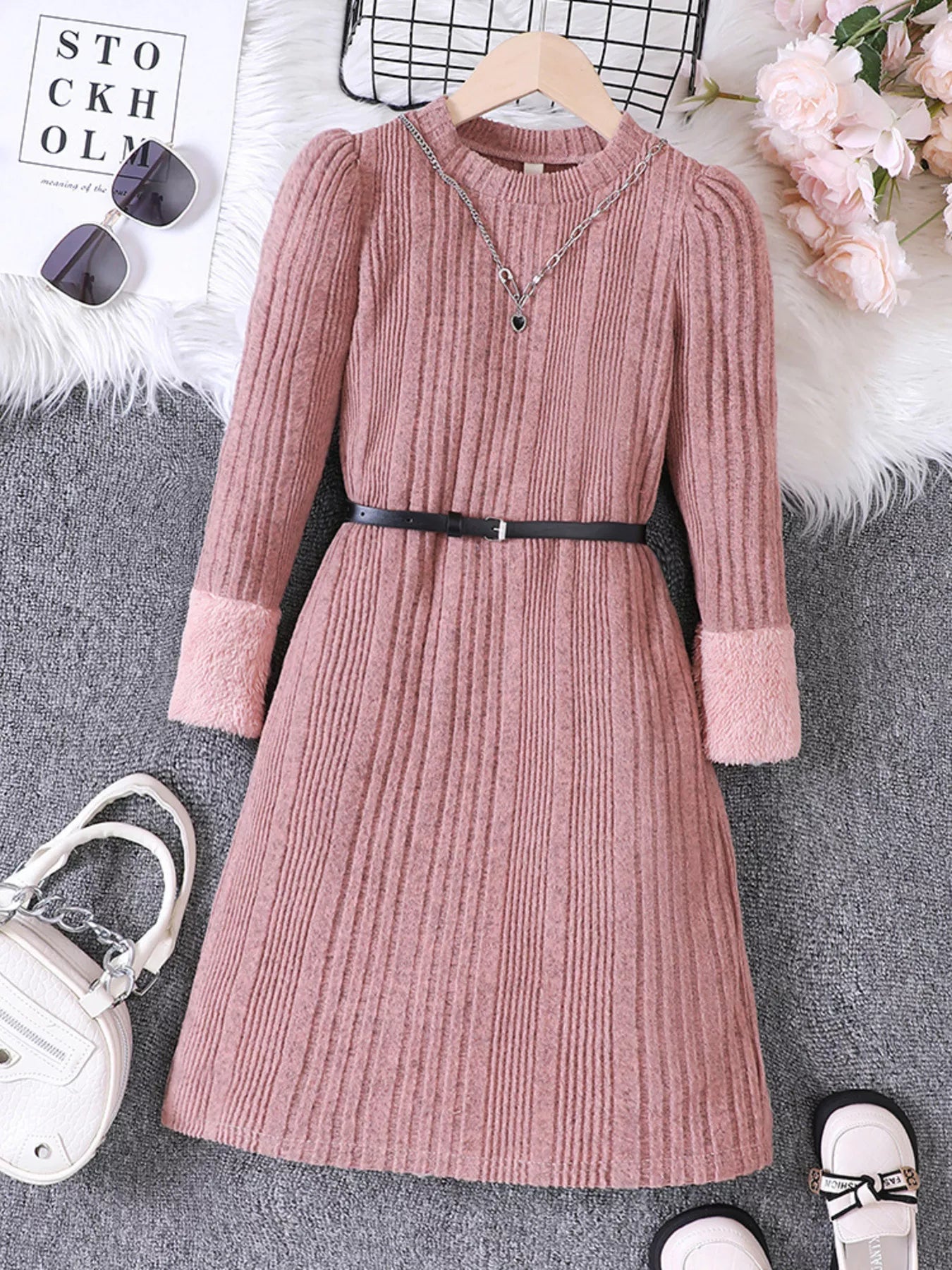 Children's Ribbed Knit Long Sleeve Dress - cas7m