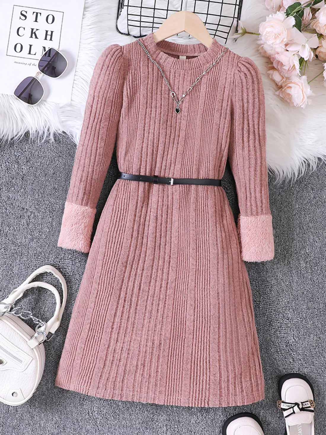 Children's Ribbed Knit Long Sleeve Dress - cas7m