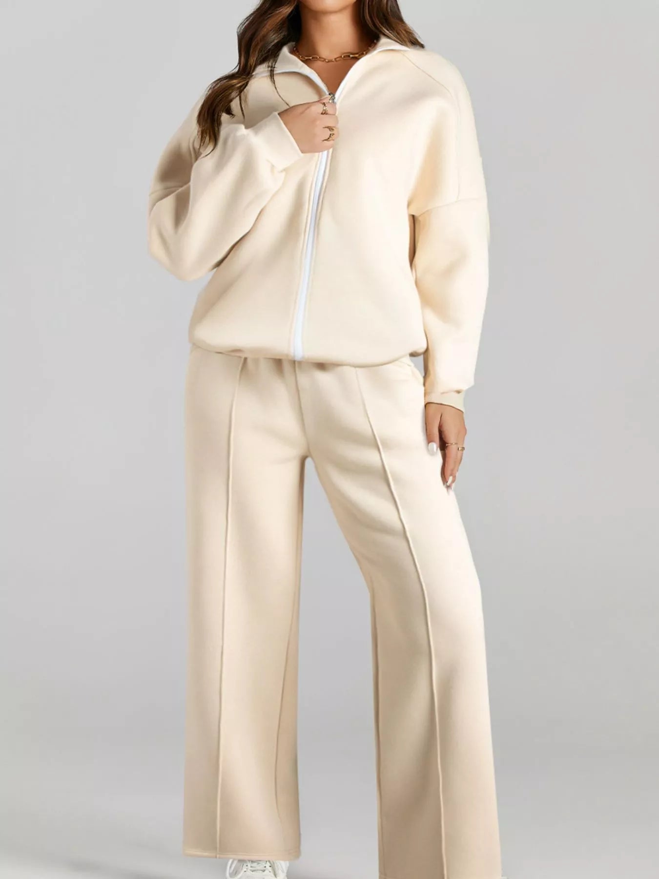 Drop Shoulder Zip Up Jacket and Drawstring Pants Active 2pcs Set - cas7m
