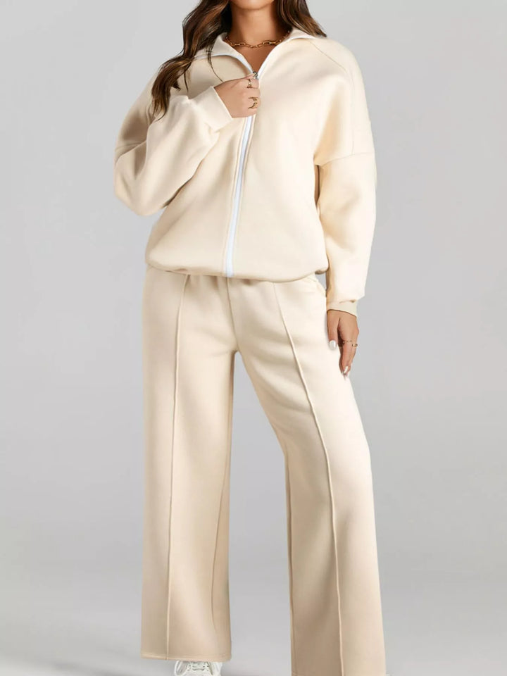 Drop Shoulder Zip Up Jacket and Drawstring Pants Active 2pcs Set - cas7m