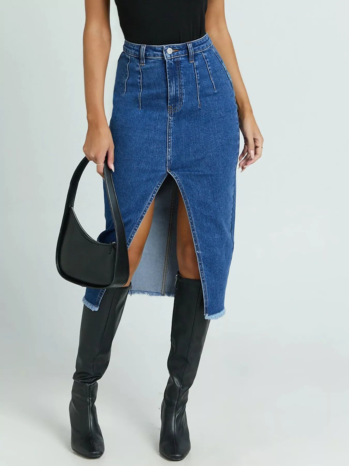 High-Waisted Slit Denim Skirt - cas7m