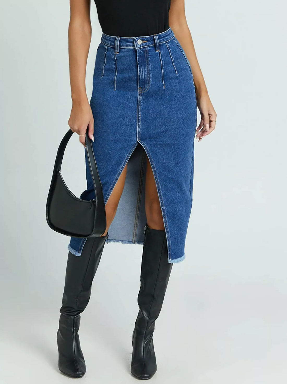 High-Waisted Slit Denim Skirt - cas7m