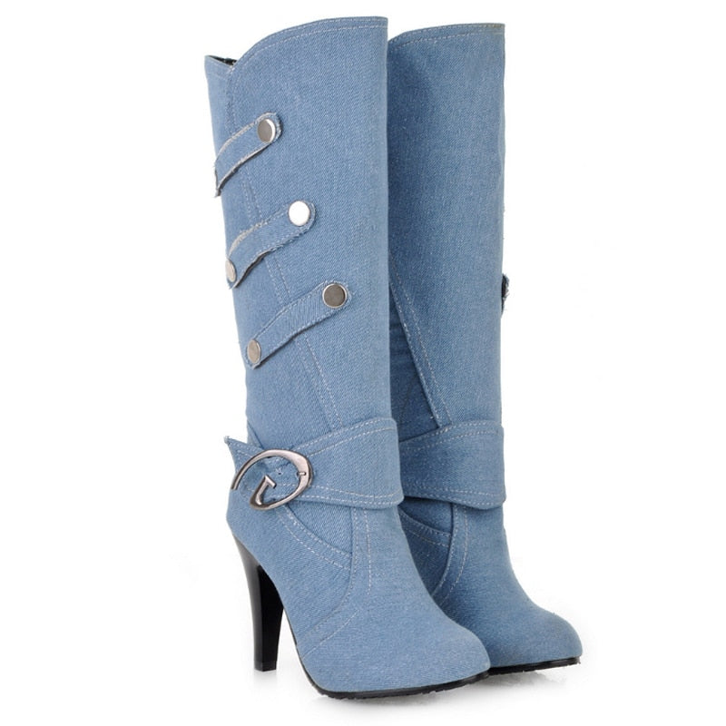 Women's High Heeled Knee-High Denim Boots (Size 40-48)