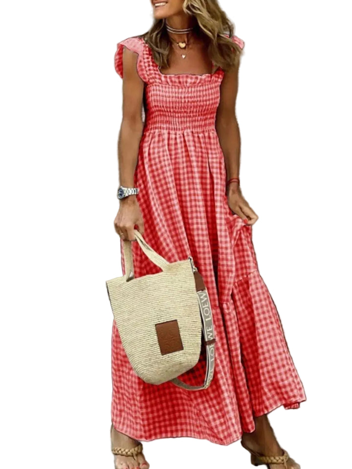 Full Size Gingham Smocked Ruffle Maxi Dress Plus Size - cas7m