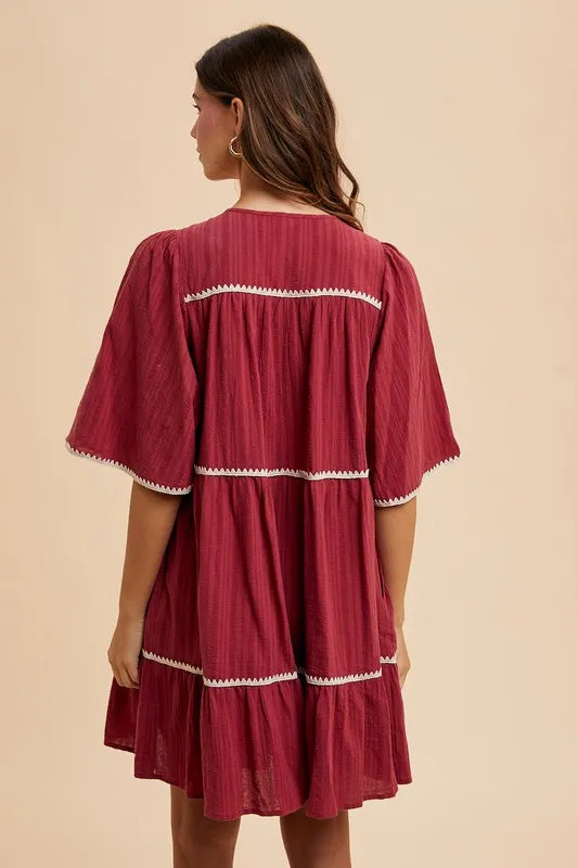 Annie Wear Tassel Contrast Trim Tie Neck Half Sleeve Tiered Dress - cas7m
