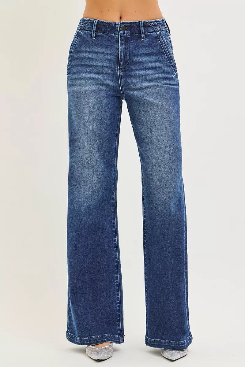 RISEN High Rise Wide Leg Slanted Pocket Jeans - cas7m