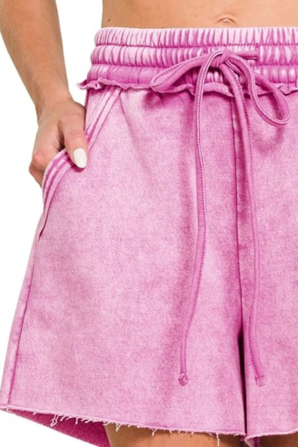 Zenana Acid Wash Fleece Drawstring Shorts With Pockets - cas7m