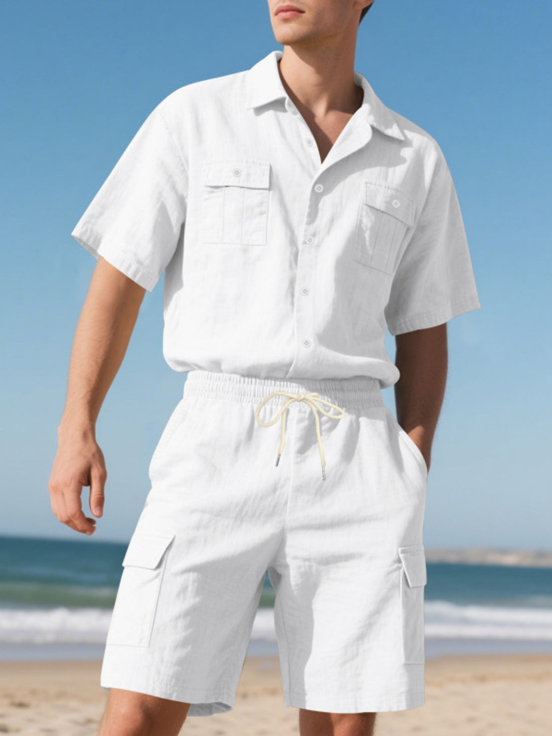 Men's Full Size Button Up Shirt and Shorts Set Plus Size - cas7m