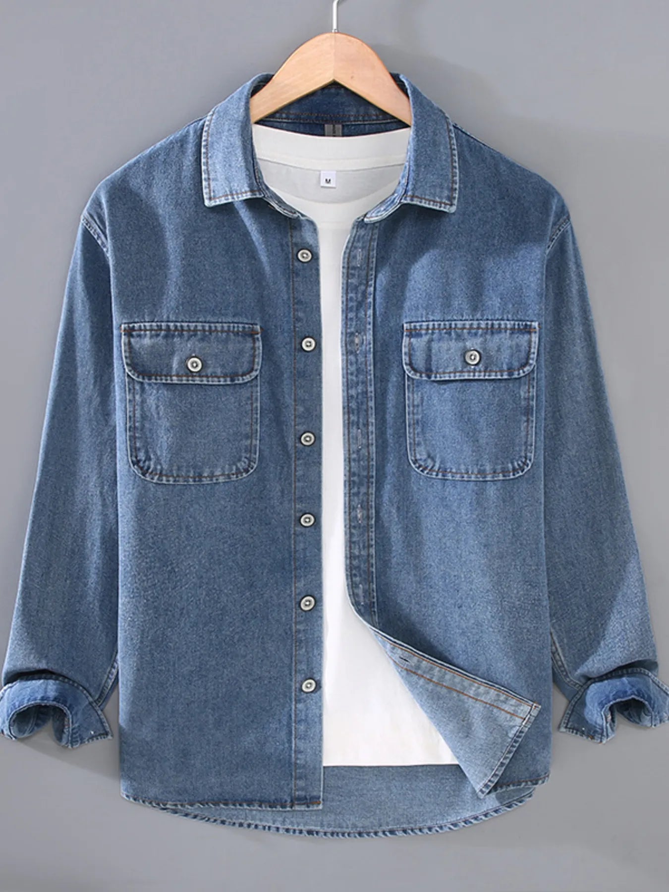 Men's Plus Size Washed Long Sleeve Denim Shirt - cas7m