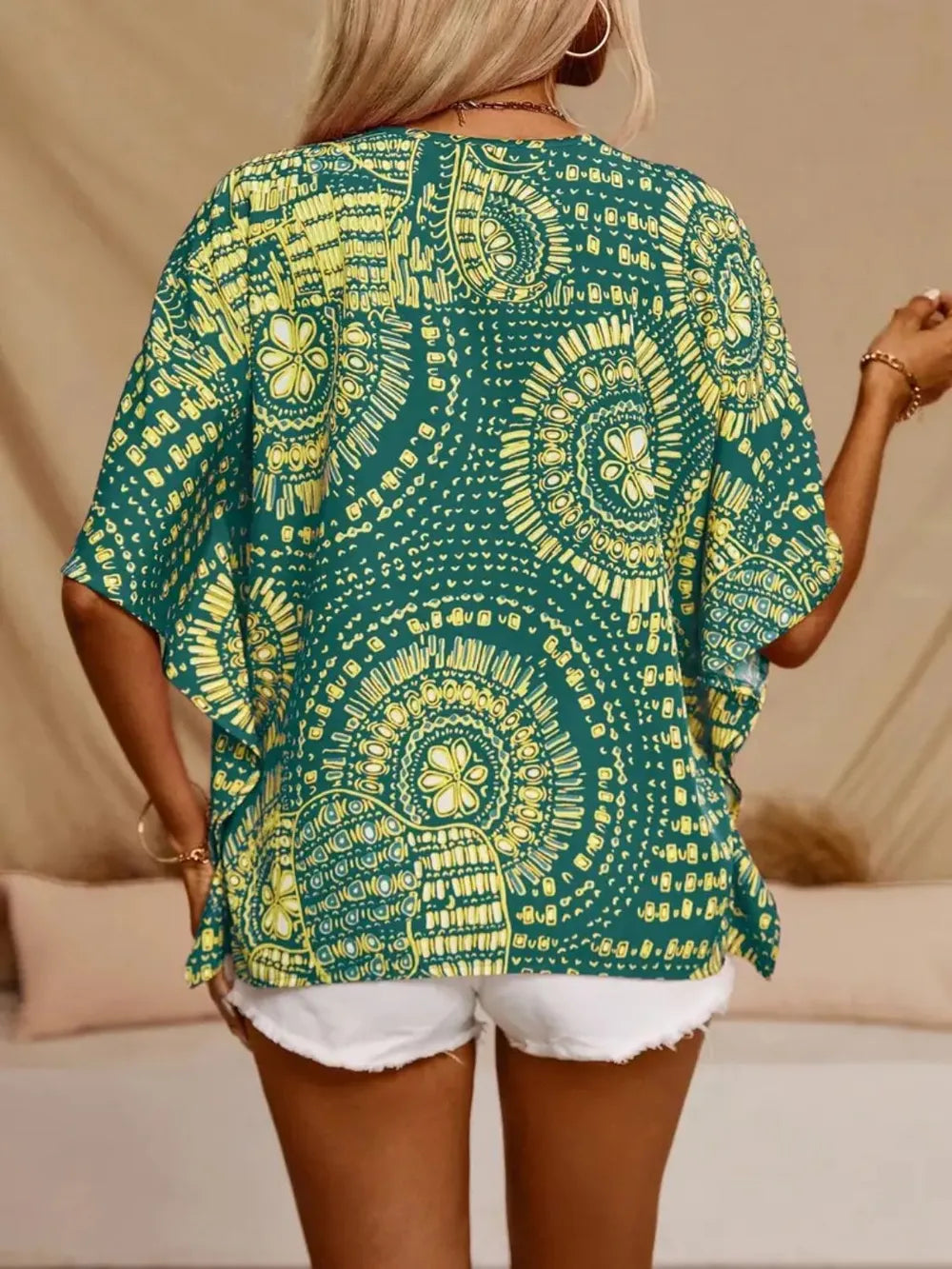 Printed V-Neck Half Sleeve Top - cas7m