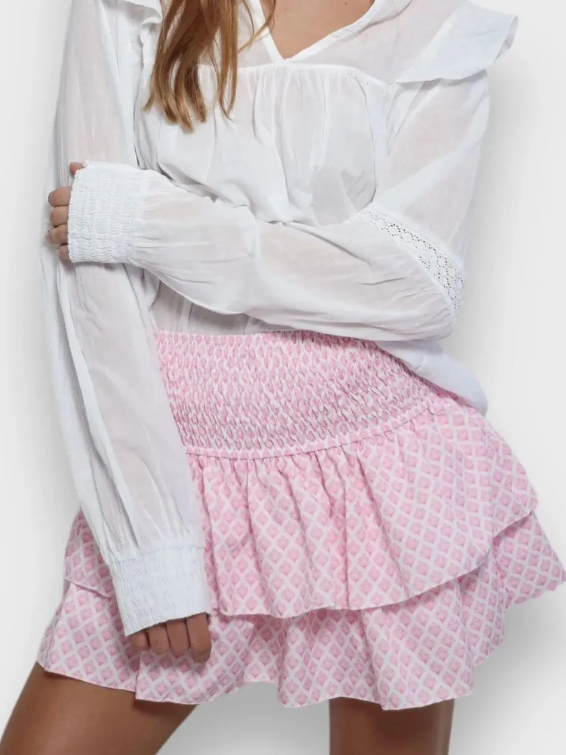 Smocked Wideband Waist Layered Mini Skirt - cas7m