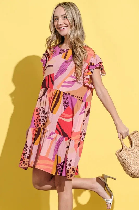 And The Why Printed Double Ruffles Sleeve Dress - cas7m