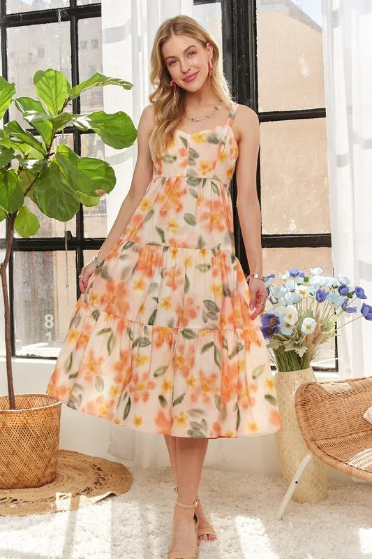 ADORA Smocked Back Floral Adjustable Strap Midi Dress - cas7m