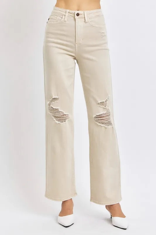 Judy Blue Full Size High Waist Distressed Wide Leg Jeans - cas7m