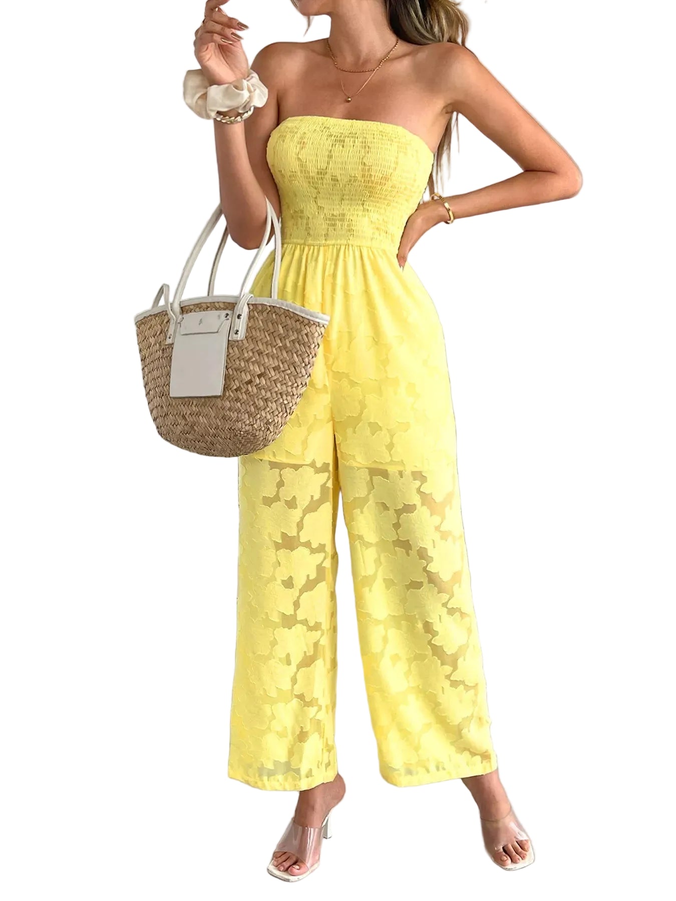 Lace Smocked Tube Jumpsuit - cas7m