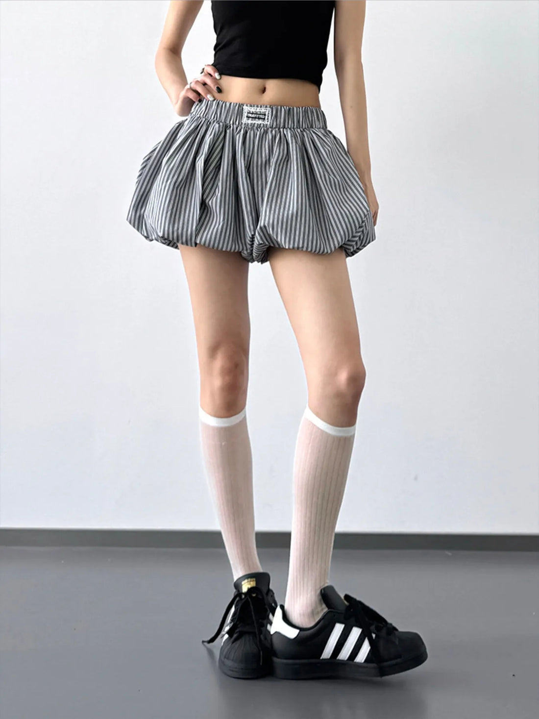 Striped Bubble Hem Casual Shorts - cas7m