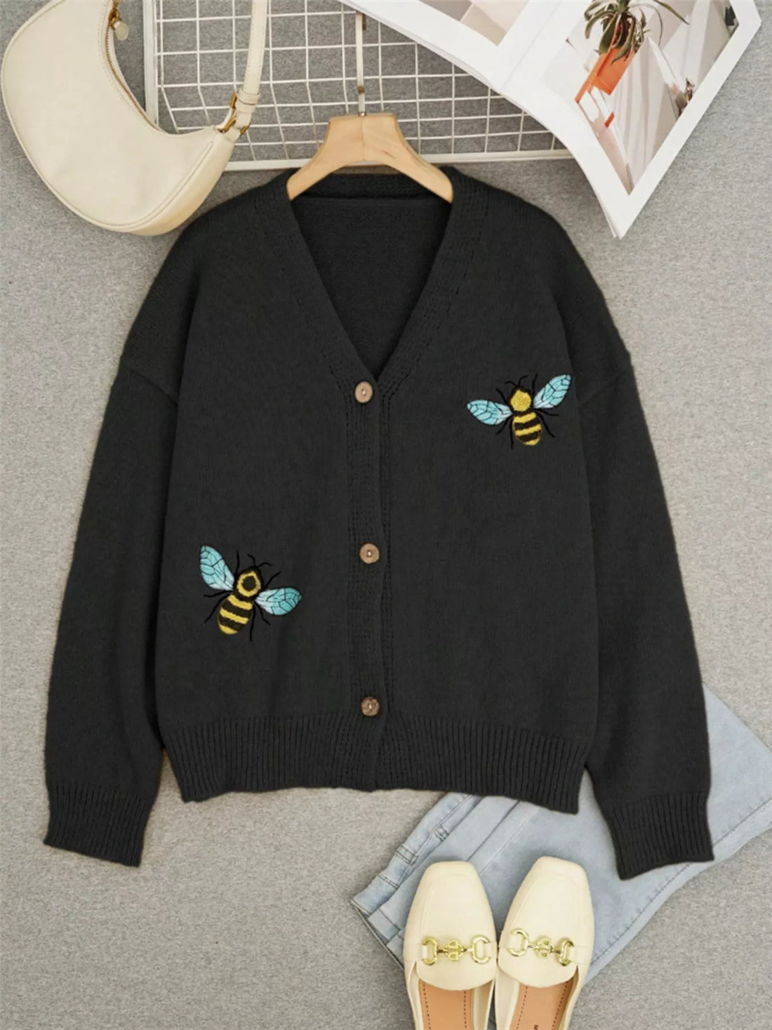 Bee Embroidered Button-Down Cardigan - cas7m
