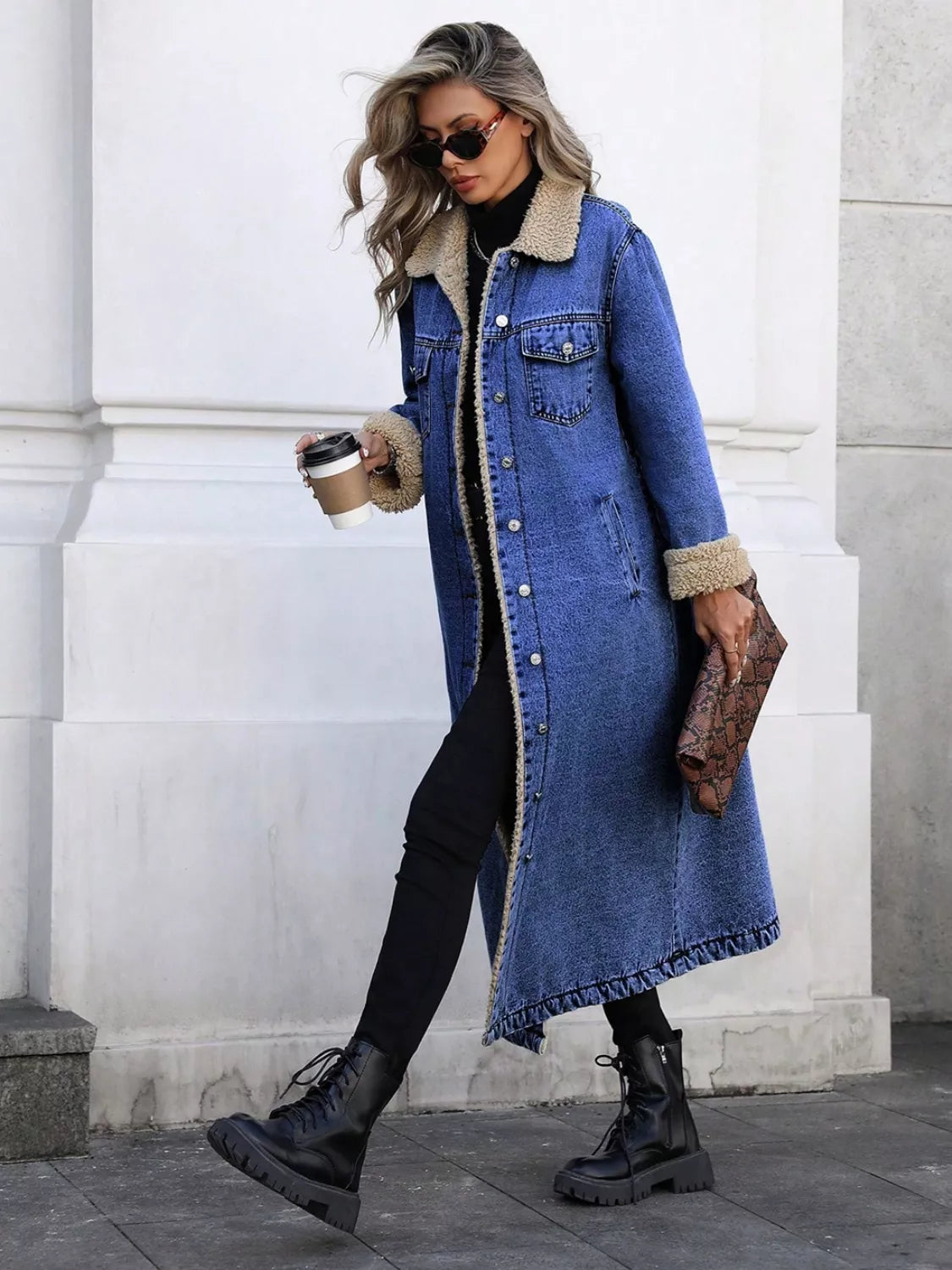 Sherpa Lined Longline Denim Jacket - cas7m