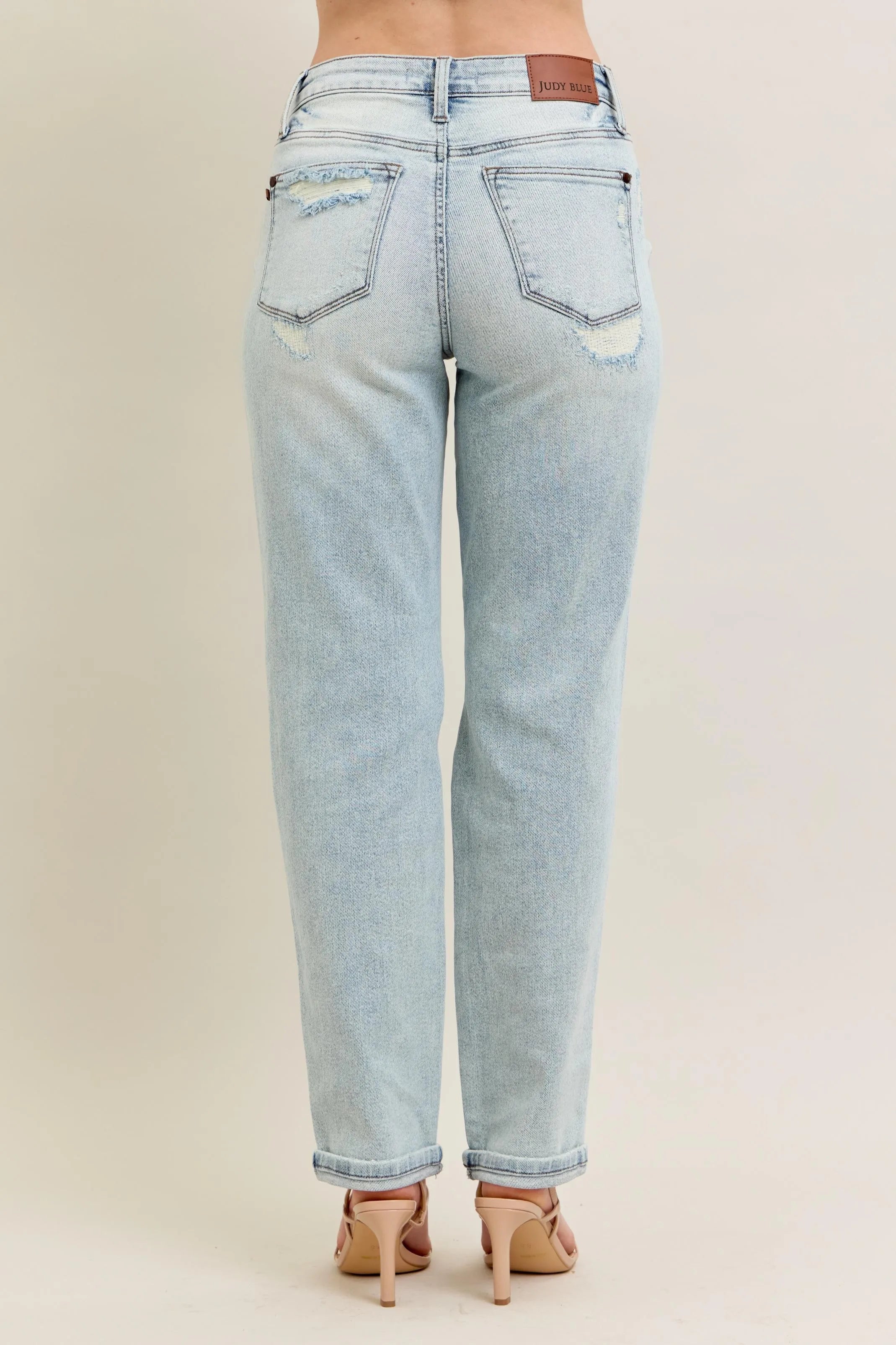 Judy Blue Full Size Mr Repair Stitch Detail Destroy Single Cuff Bf Jeans Plus Size - cas7m