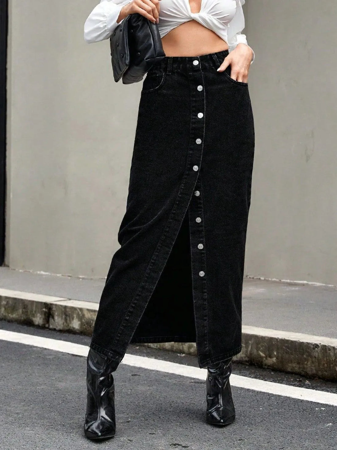 Button Front Denim Skirt - cas7m