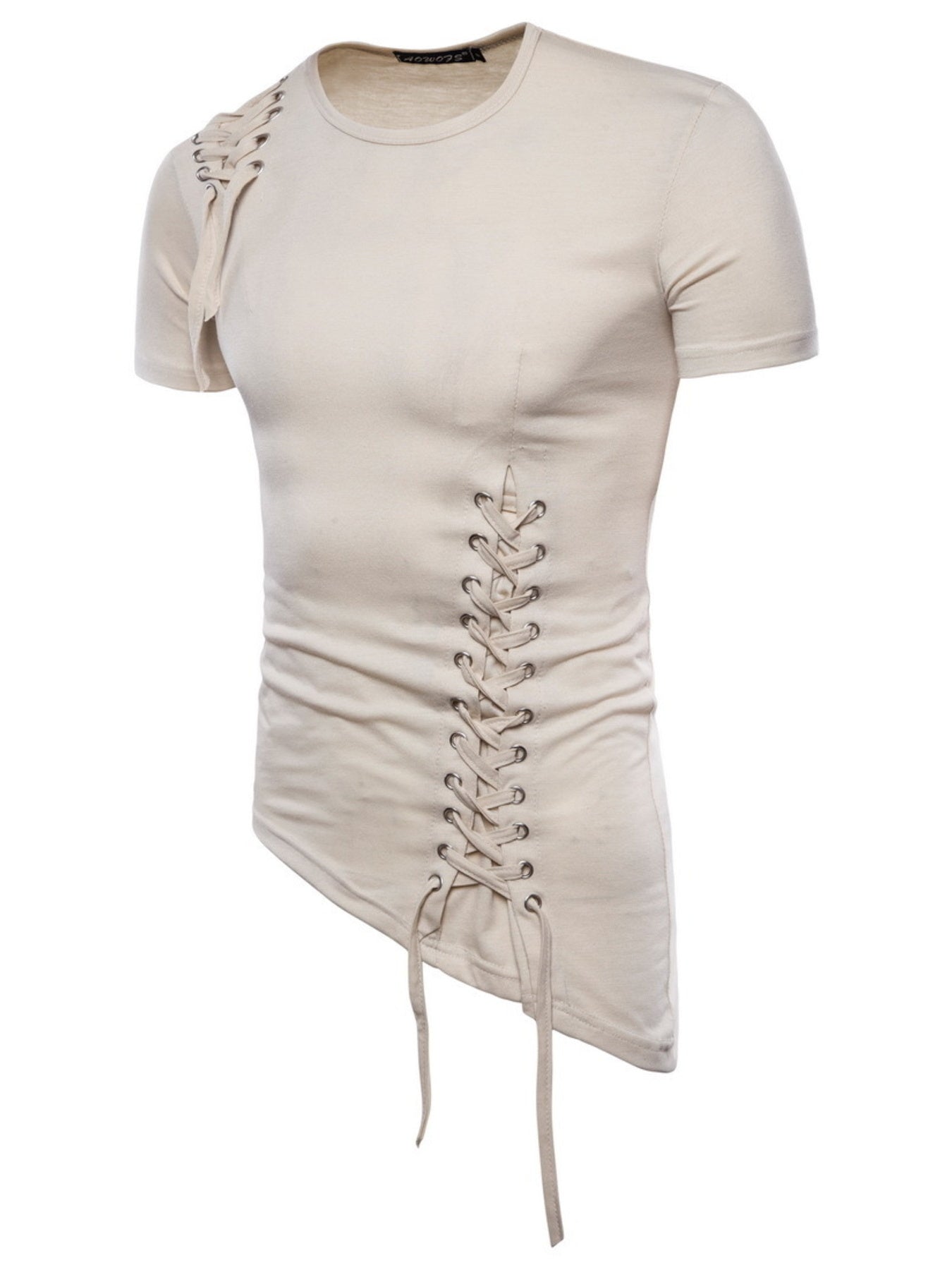 Men's Lace-Up Asymmetric Hem T-Shirt - cas7m