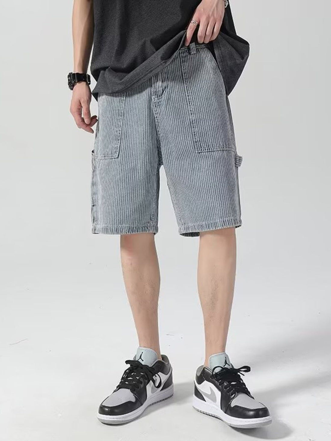 Men's Plus Size Striped Loose Fit Denim Shorts - cas7m