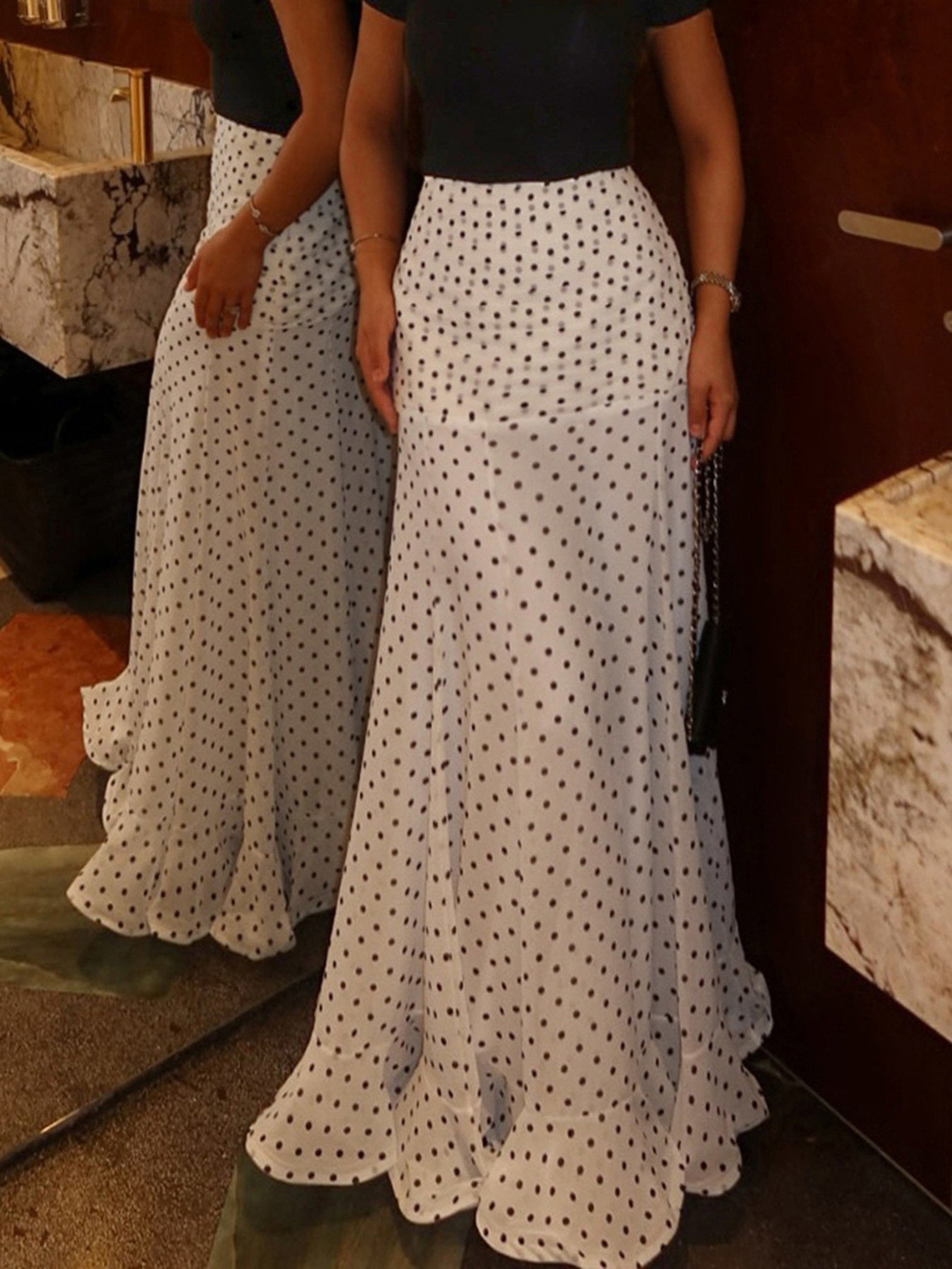 Polka Dot Ruffle Hem Maxi Skirt - cas7m