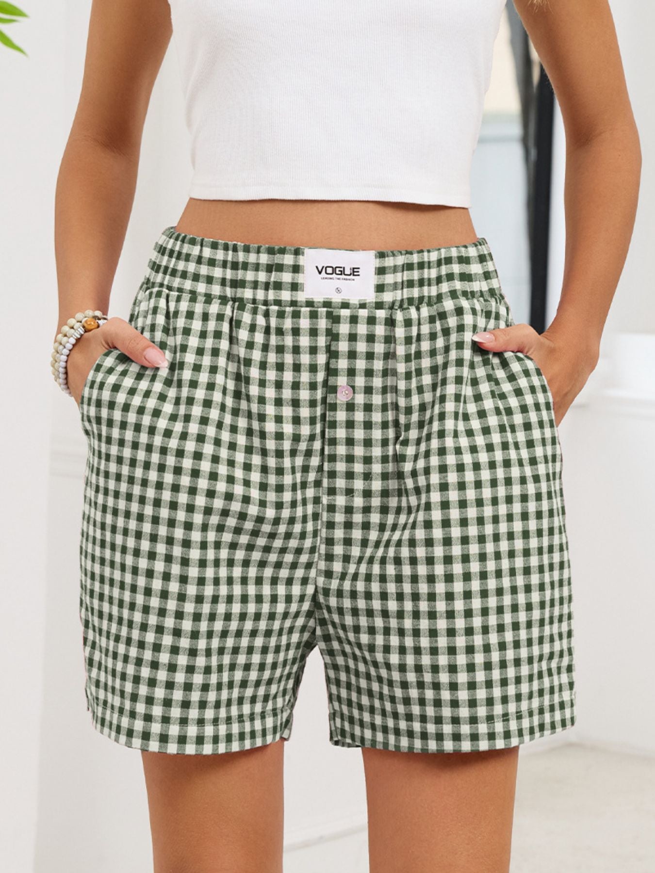 Gingham Elastic Waist Casual Shorts - cas7m