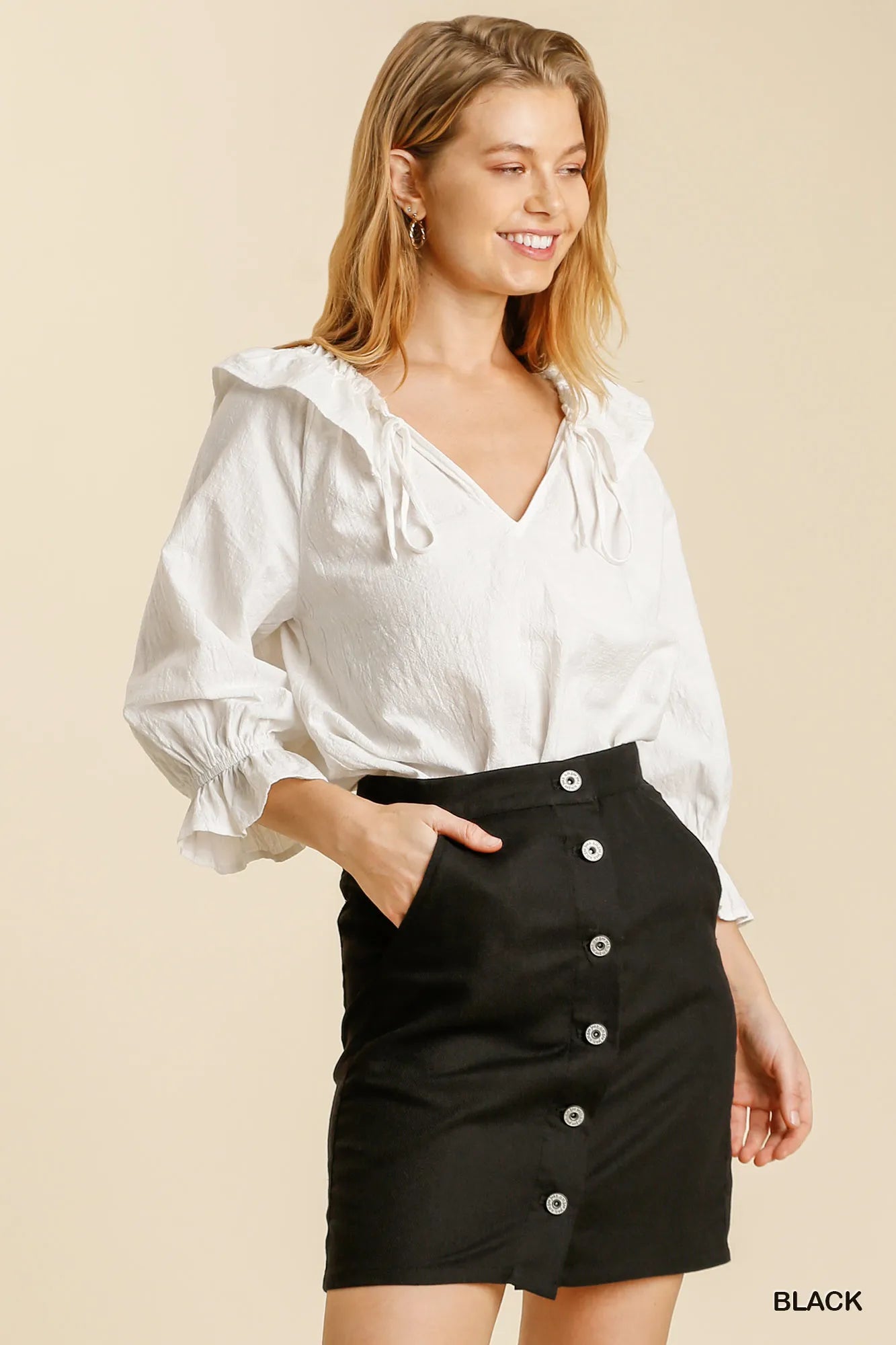 Umgee Linen Blend Button Down Skirt with Pockets - cas7m