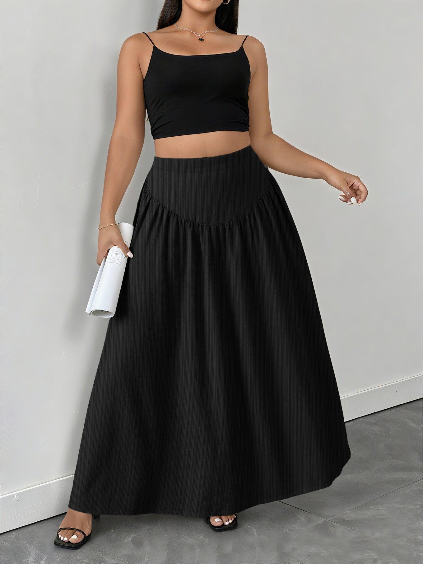 Plus Size Polyester Pocketed Midi Skirt - Easy Care Fashion - cas7m