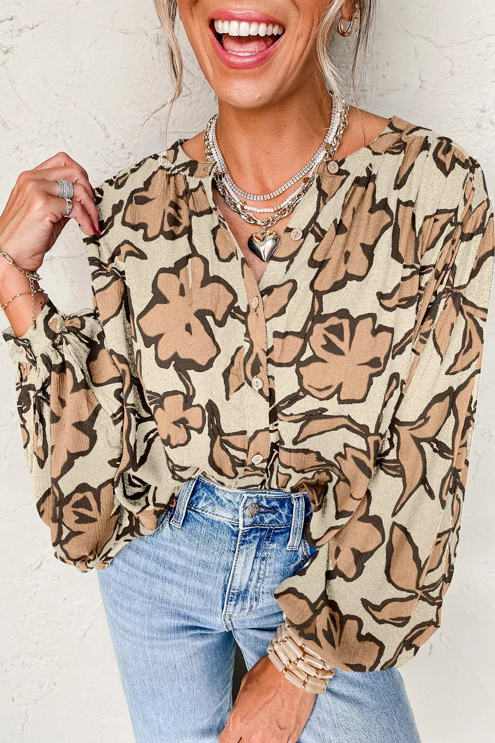 Floral Print Button-Down Long Sleeve Shirt - cas7m