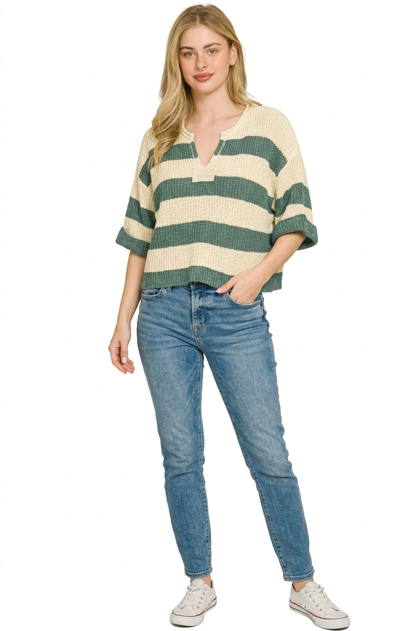 Zenana Split Neck Stripe Sweater - cas7m