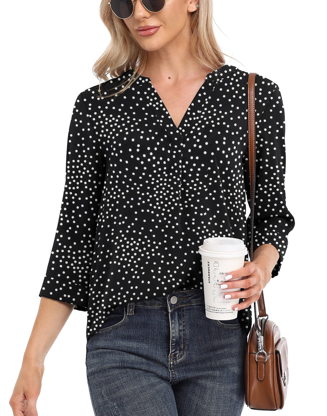 VIISHOW Work Blouses for Women Business Casual Tops V Neck Chiffon Long Sleeve Blouses Top Black Dot XX-Large
