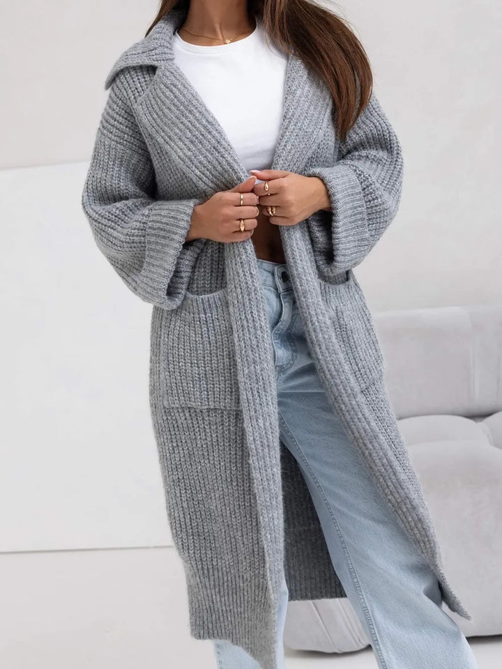 Pocketed Collared Neck Dropped Shoulder Cardigan - cas7m