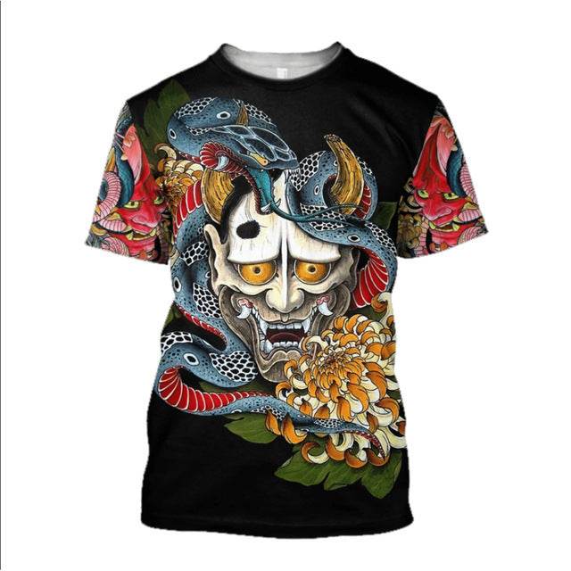 3D Men's T-shirt Samurai Printed T-shirt Loose Round Neck - cas7m