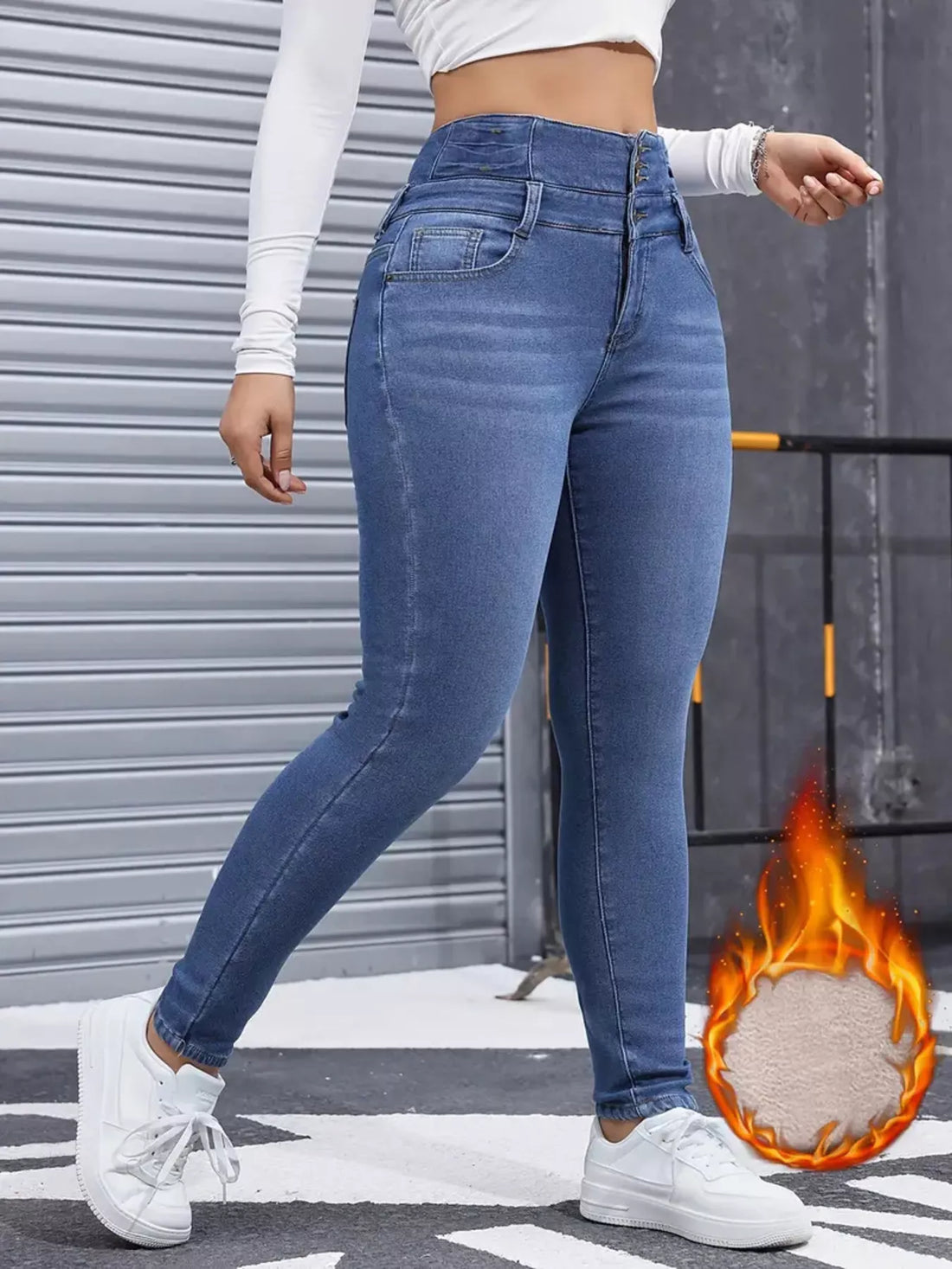 High-Waisted Slim Fit Fleece-Lined Jeans - cas7m