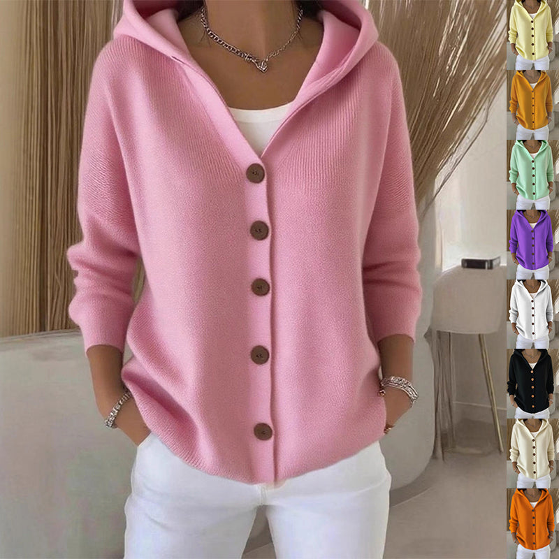 Ins Button Hooded Sweater Fashion Autumn And Winter Knitted Cardigan Casual Commuter Long Sleeve Top Women's Clothing - cas7m