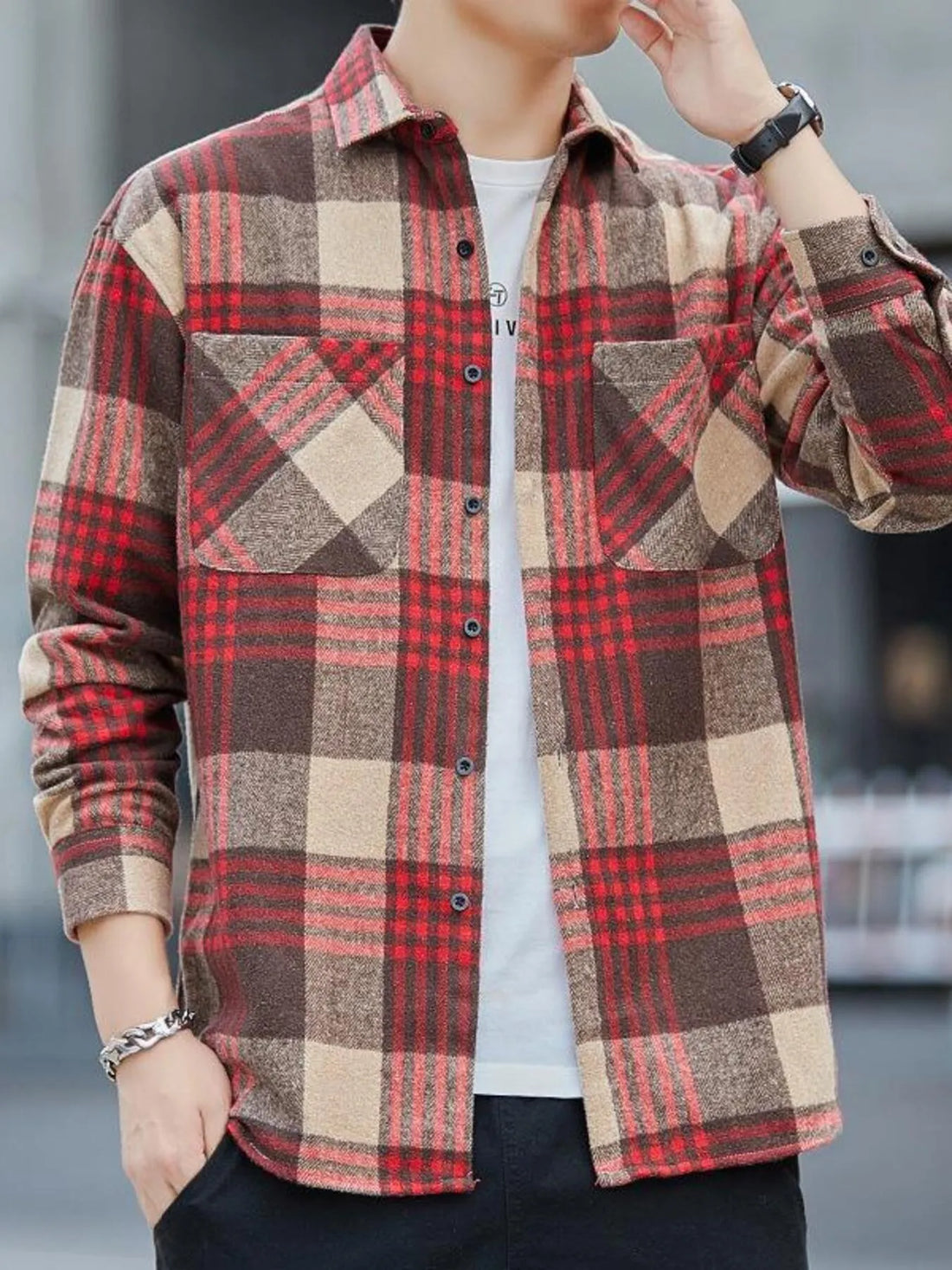 Men's Plus Size Casual Plaid Long Sleeve Shirt - cas7m