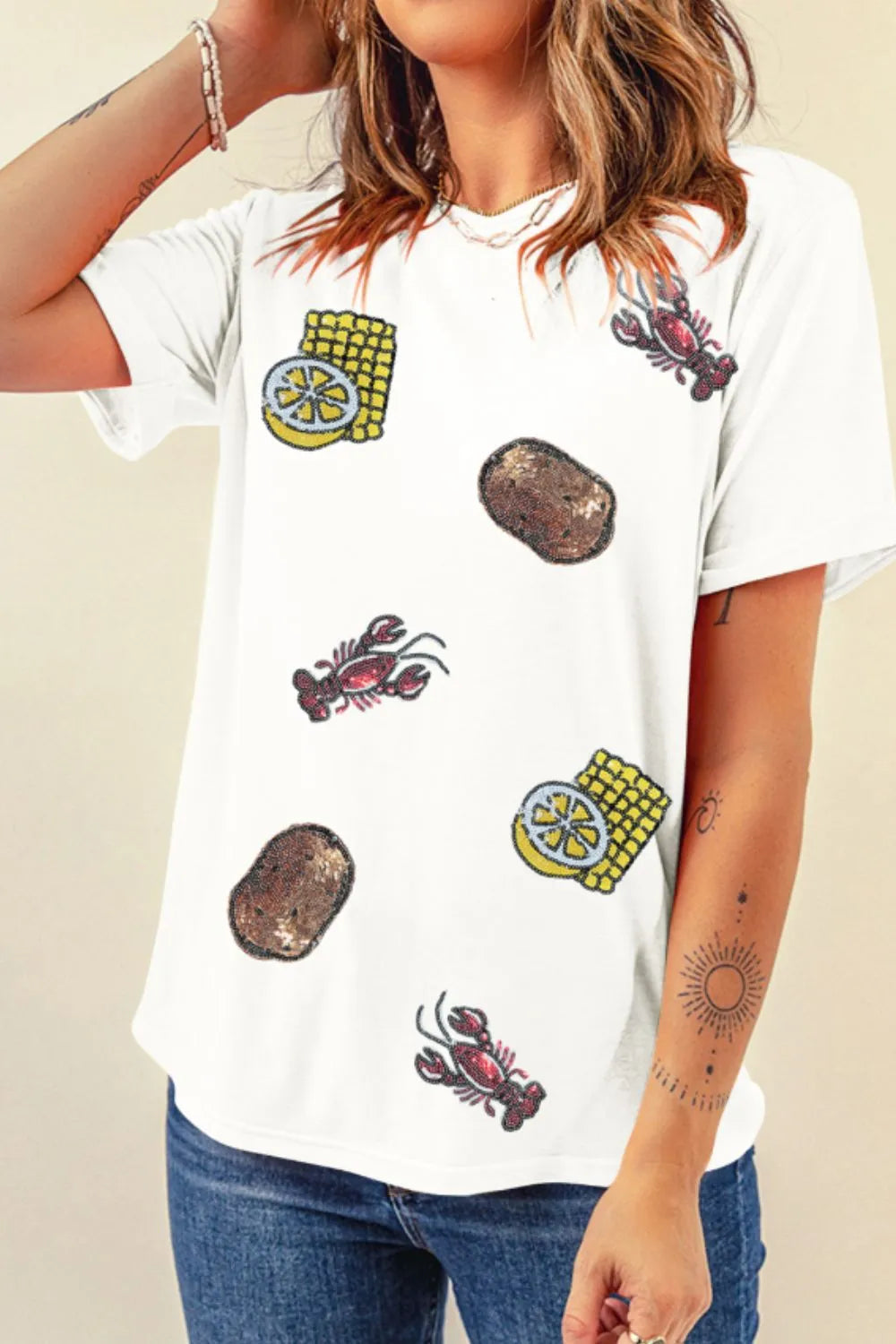 Sequin Crawfish Potato Round Neck Short Sleeve T-Shirt - cas7m