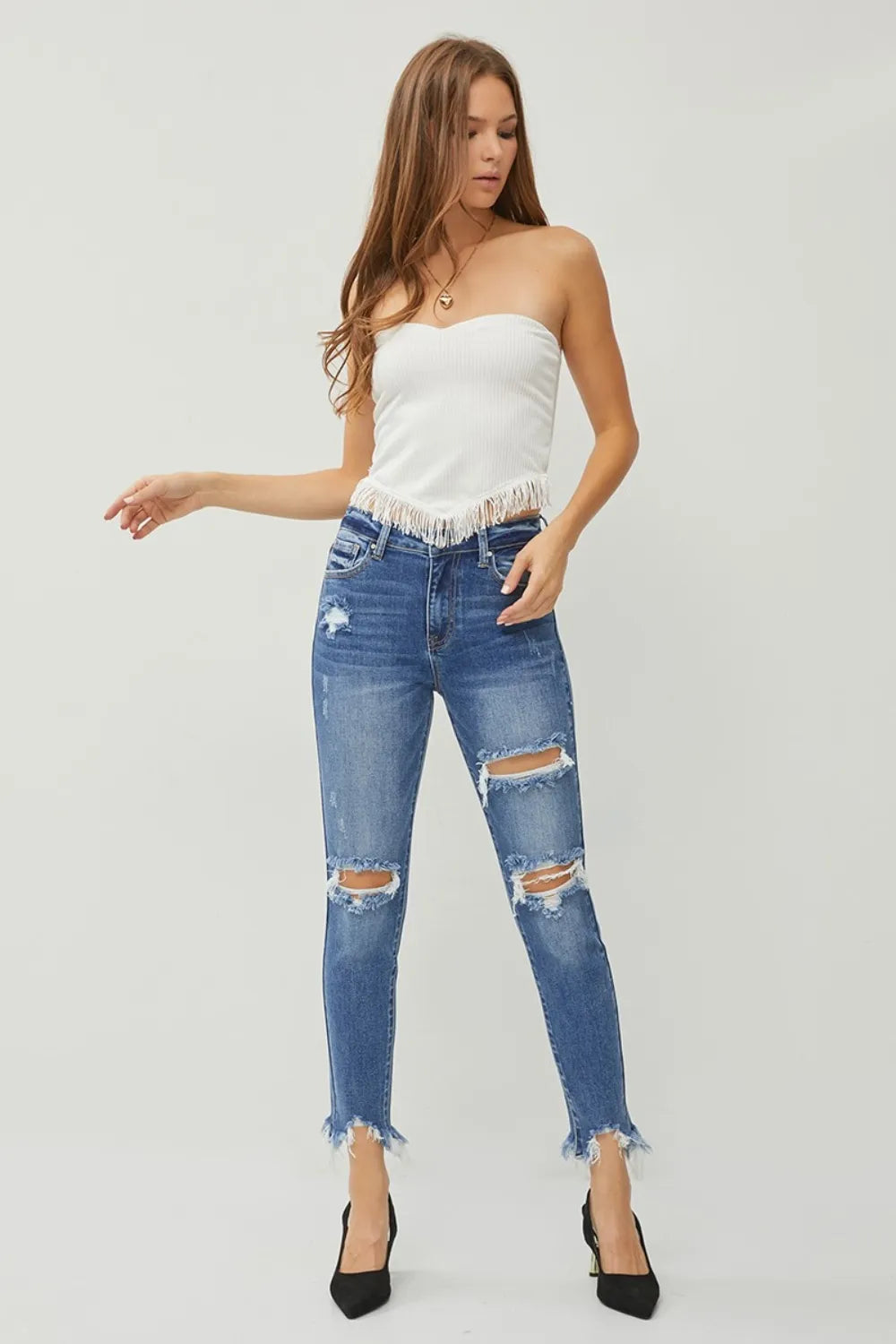 RISEN Distressed Frayed Hem Slim Jeans - cas7m