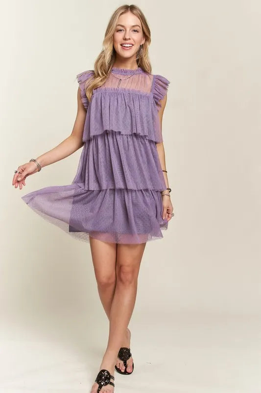 ADORA Layered Ruffled Cap Sleeve Mesh Dress - cas7m